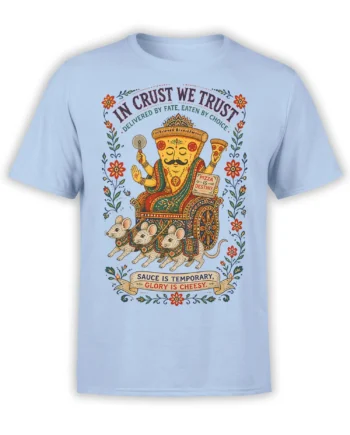 Light blue pizza T-shirt with royal pizza character, three mice, floral border, and cheesy destiny slogans