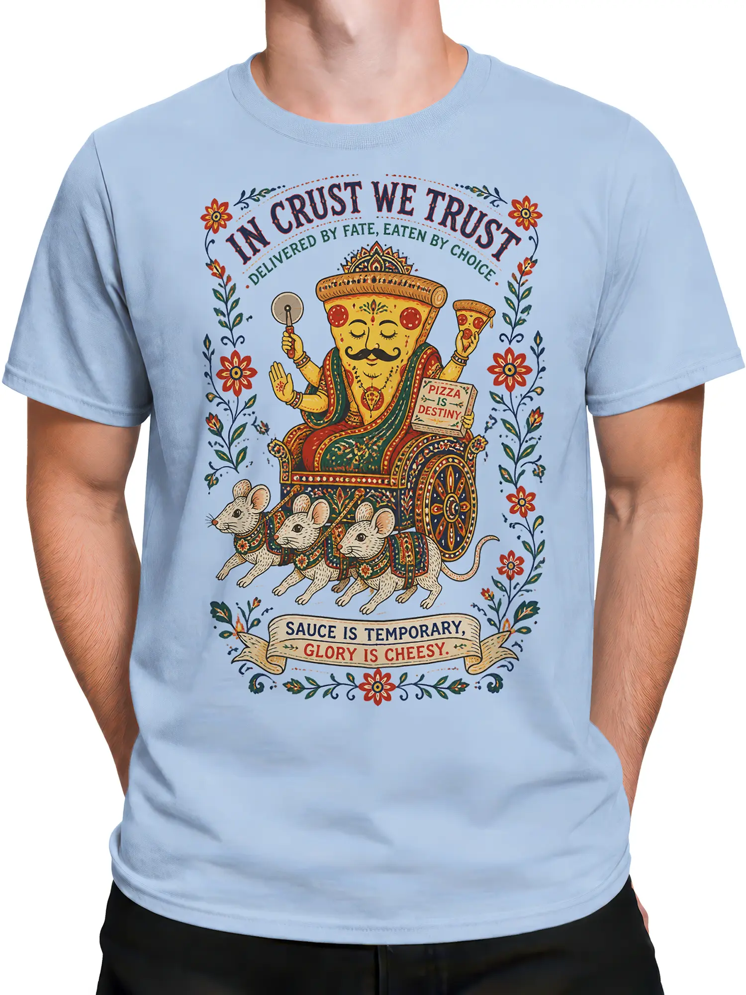 Male torso wearing a light blue pizza T-shirt with royal pizza artwork, three mice, and cheesy food slogans