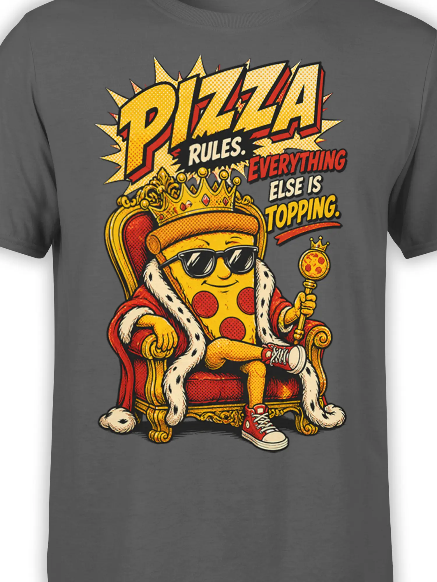 Close-up of crowned pizza slice in sunglasses on a throne with bold retro comic-style pizza text