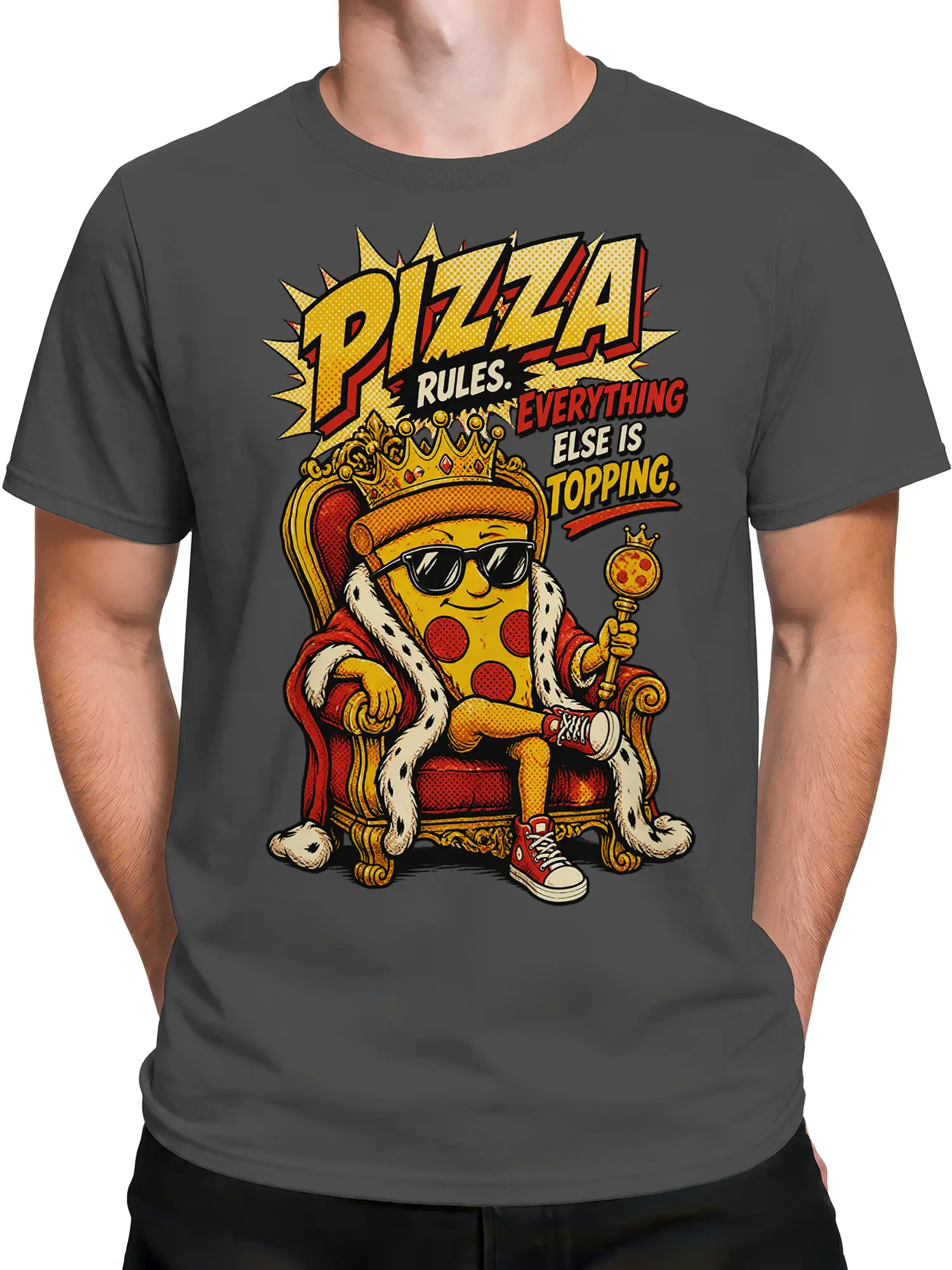 Male torso wearing a gray pizza T-shirt with a crowned slice on a throne and bold topping-themed lettering