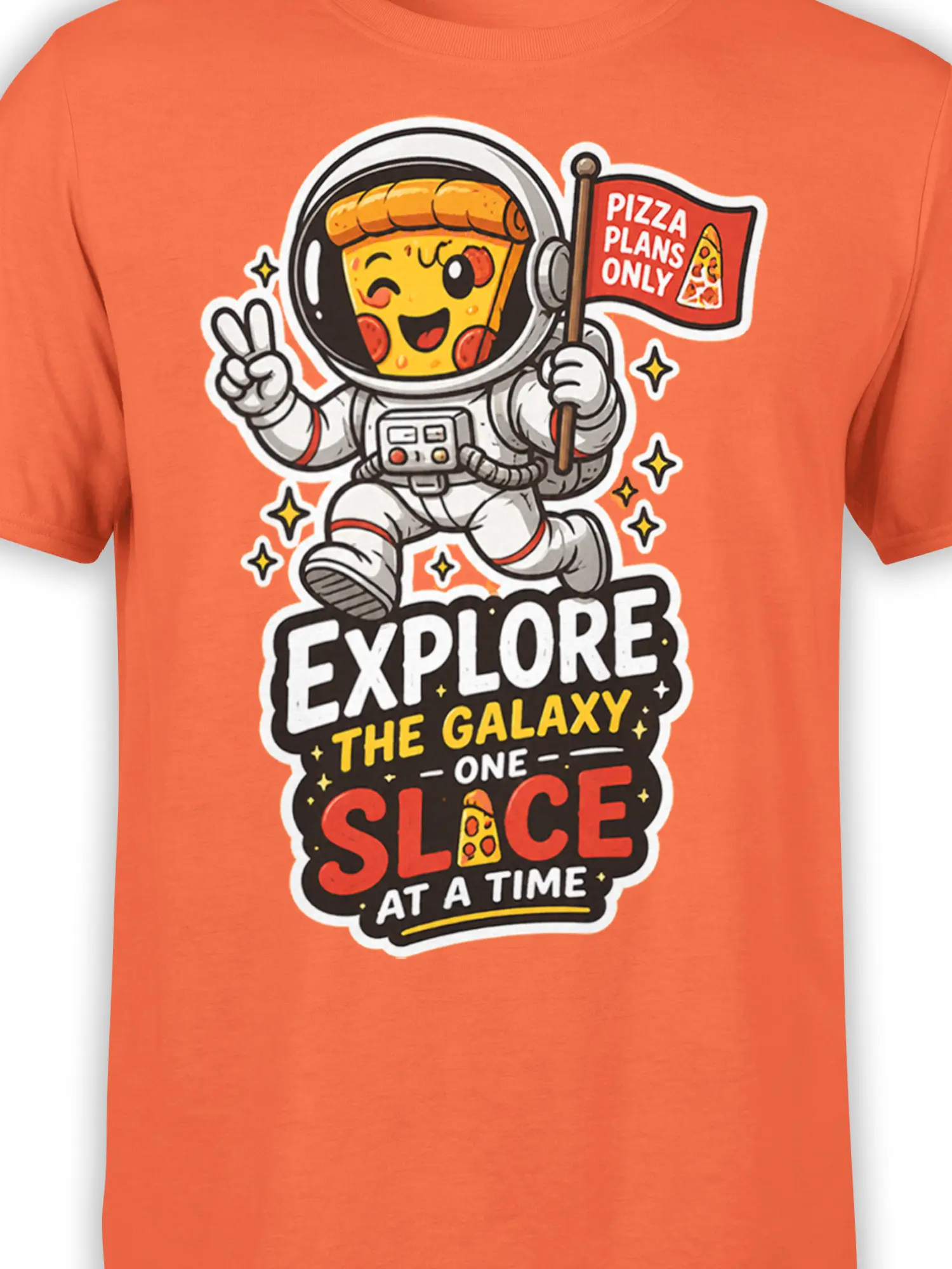 Close-up of pizza astronaut artwork and “Pizza Plans Only” flag on orange fabric