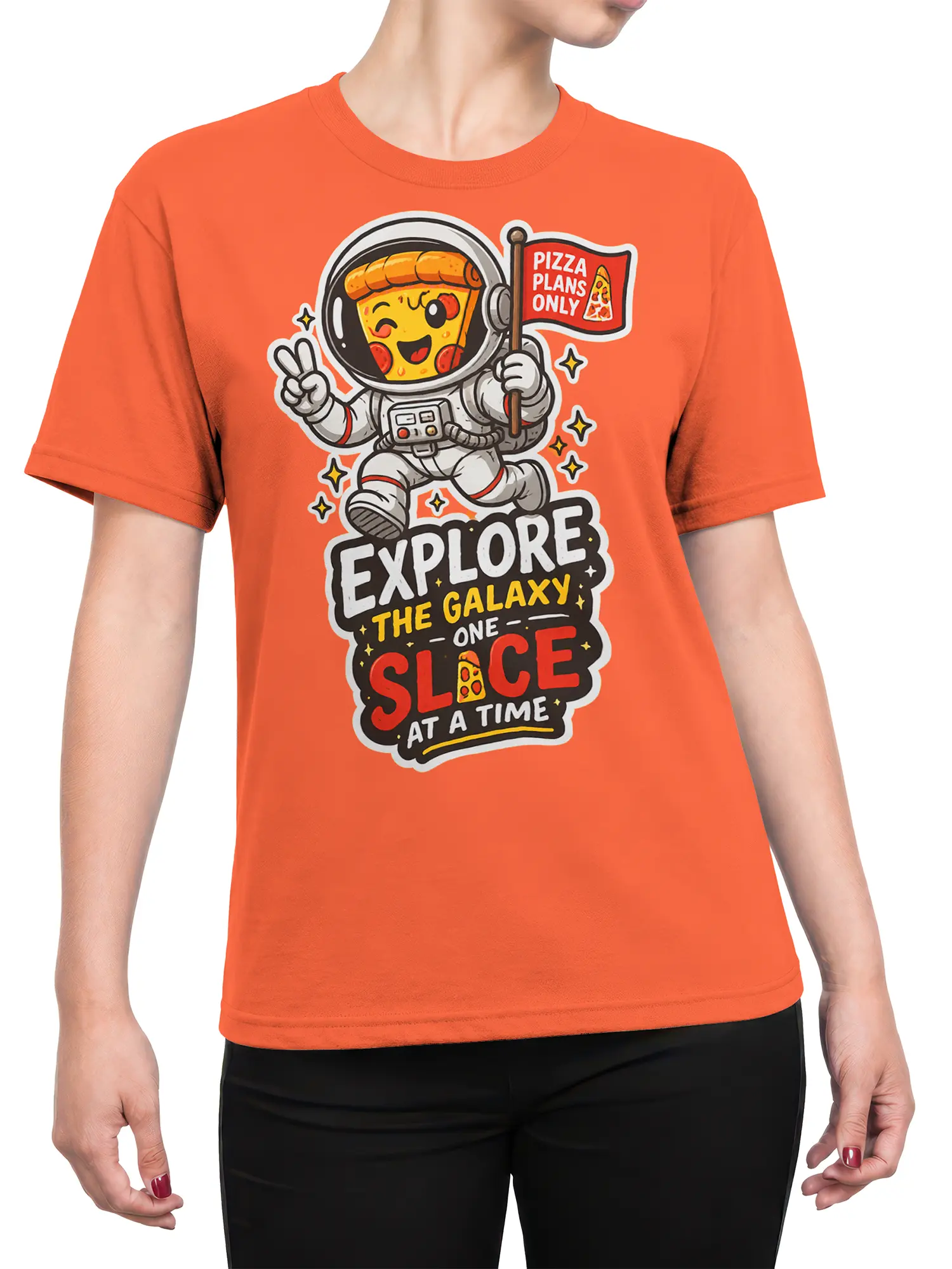 Female torso wearing an orange pizza astronaut shirt with a colorful galaxy exploration design