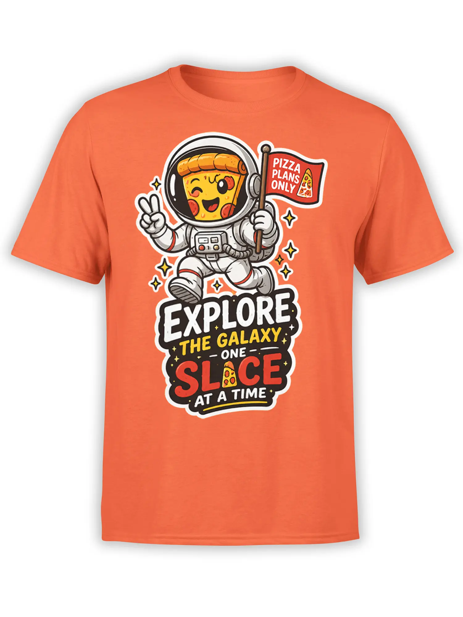 Orange pizza astronaut T-shirt with “Explore the Galaxy One Slice at a Time” design