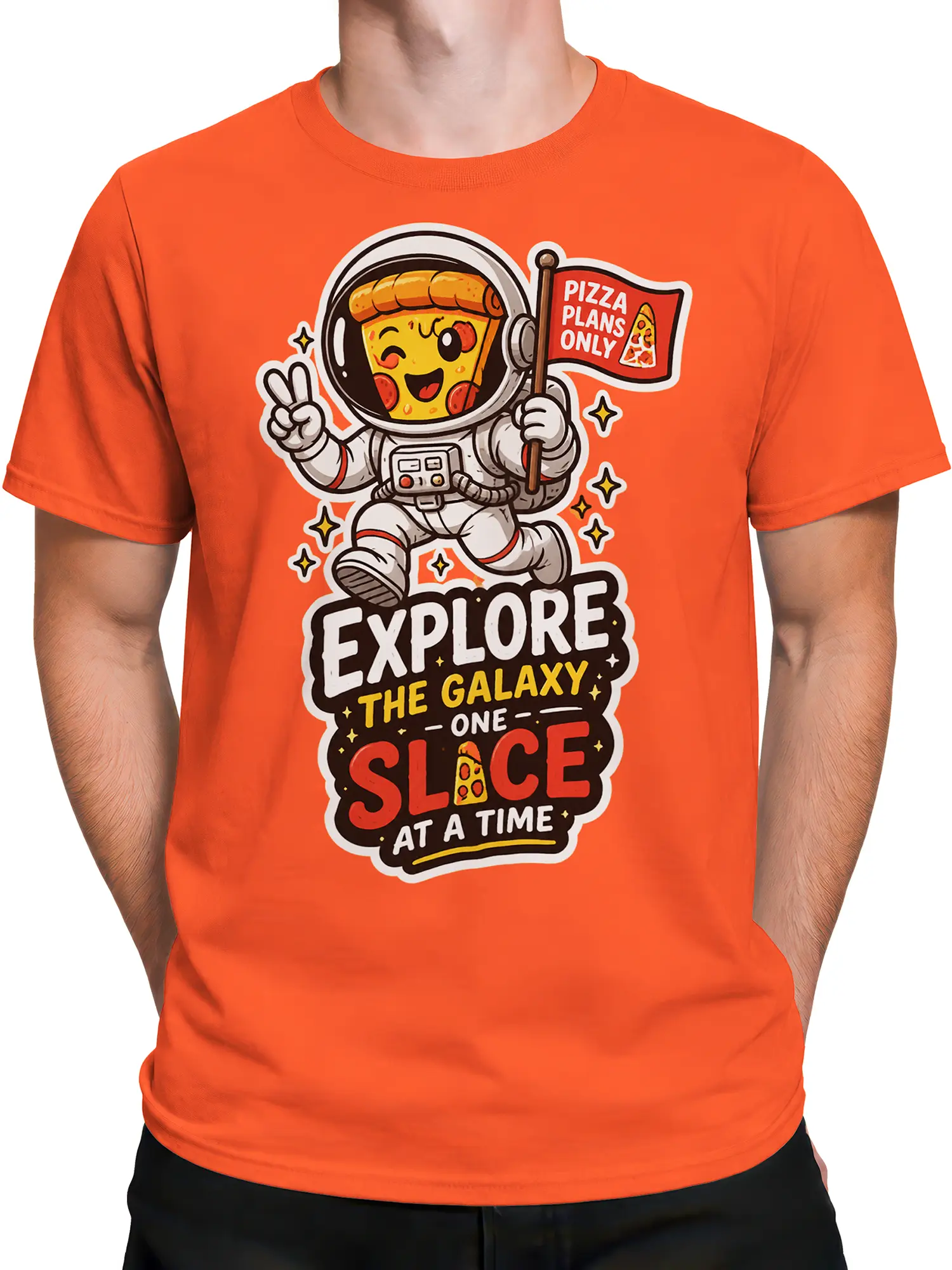 Male torso wearing an orange pizza astronaut T-shirt with a playful space food graphic