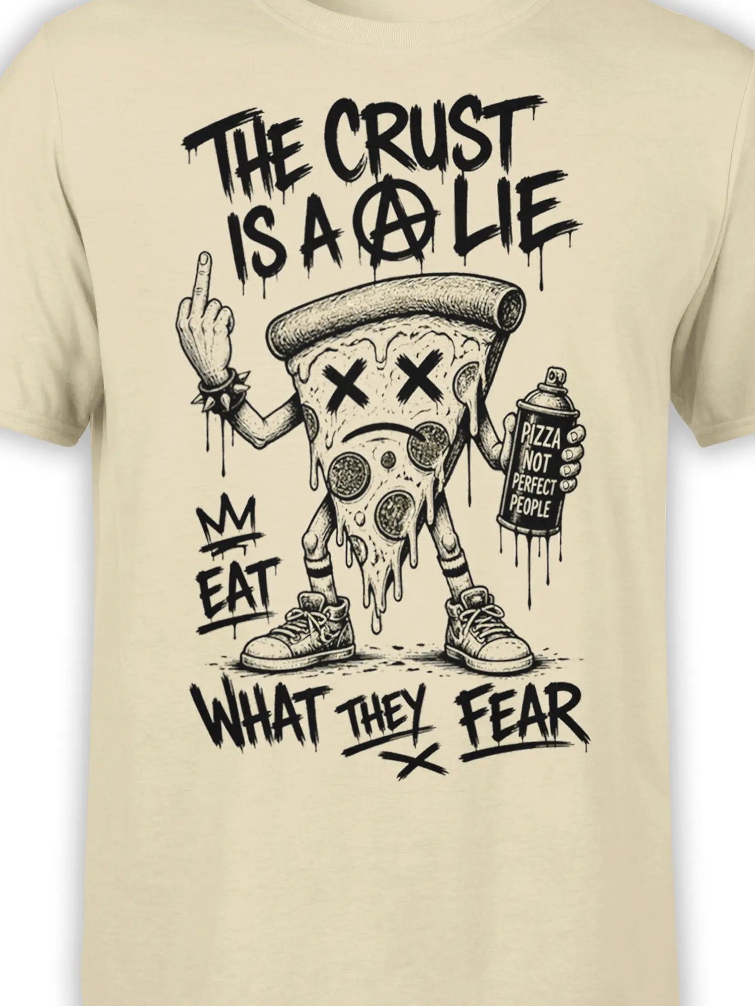 Close-up of punk pizza slice artwork with X eyes, raised finger, spray can, and distressed black lettering