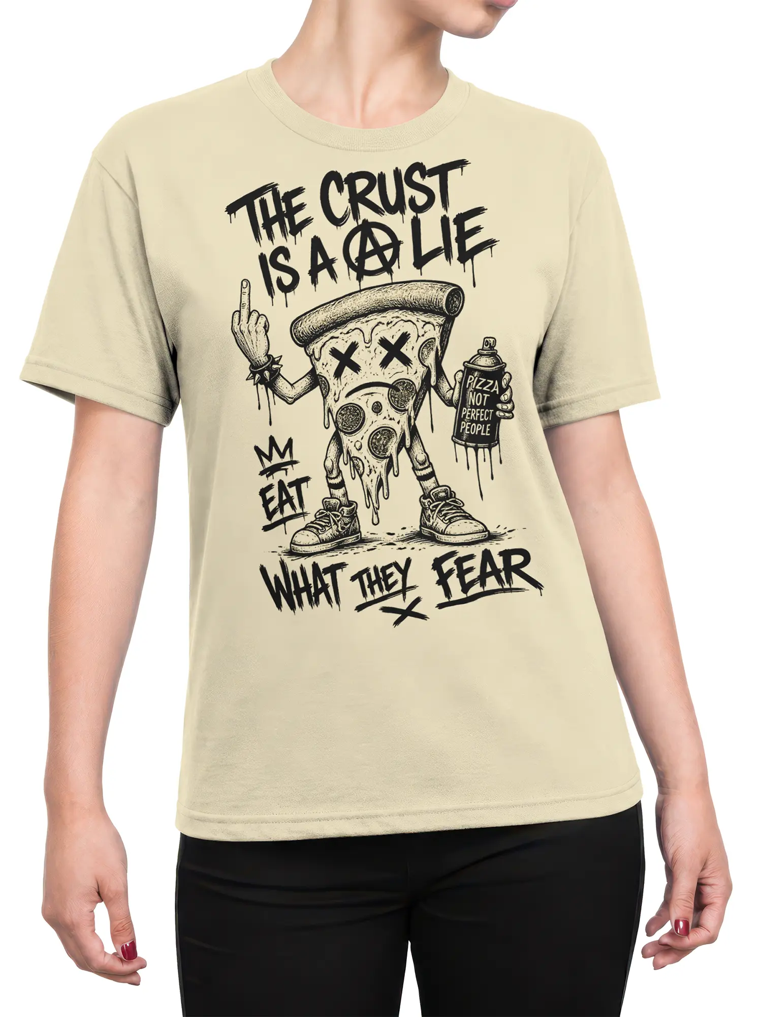 Female torso wearing beige T-shirt with rebellious pizza slice and distressed punk food artwork