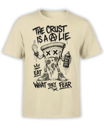 Beige T-shirt with rebellious pizza slice, punk lettering, spray can, and sarcastic food slogans