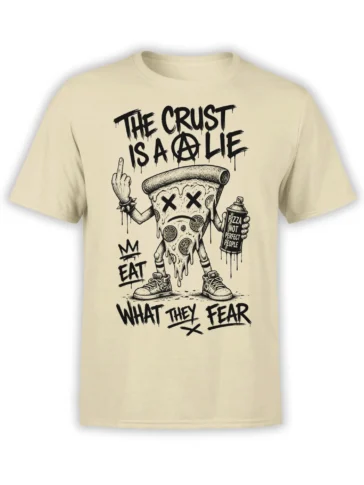 Beige T-shirt with rebellious pizza slice, punk lettering, spray can, and sarcastic food slogans