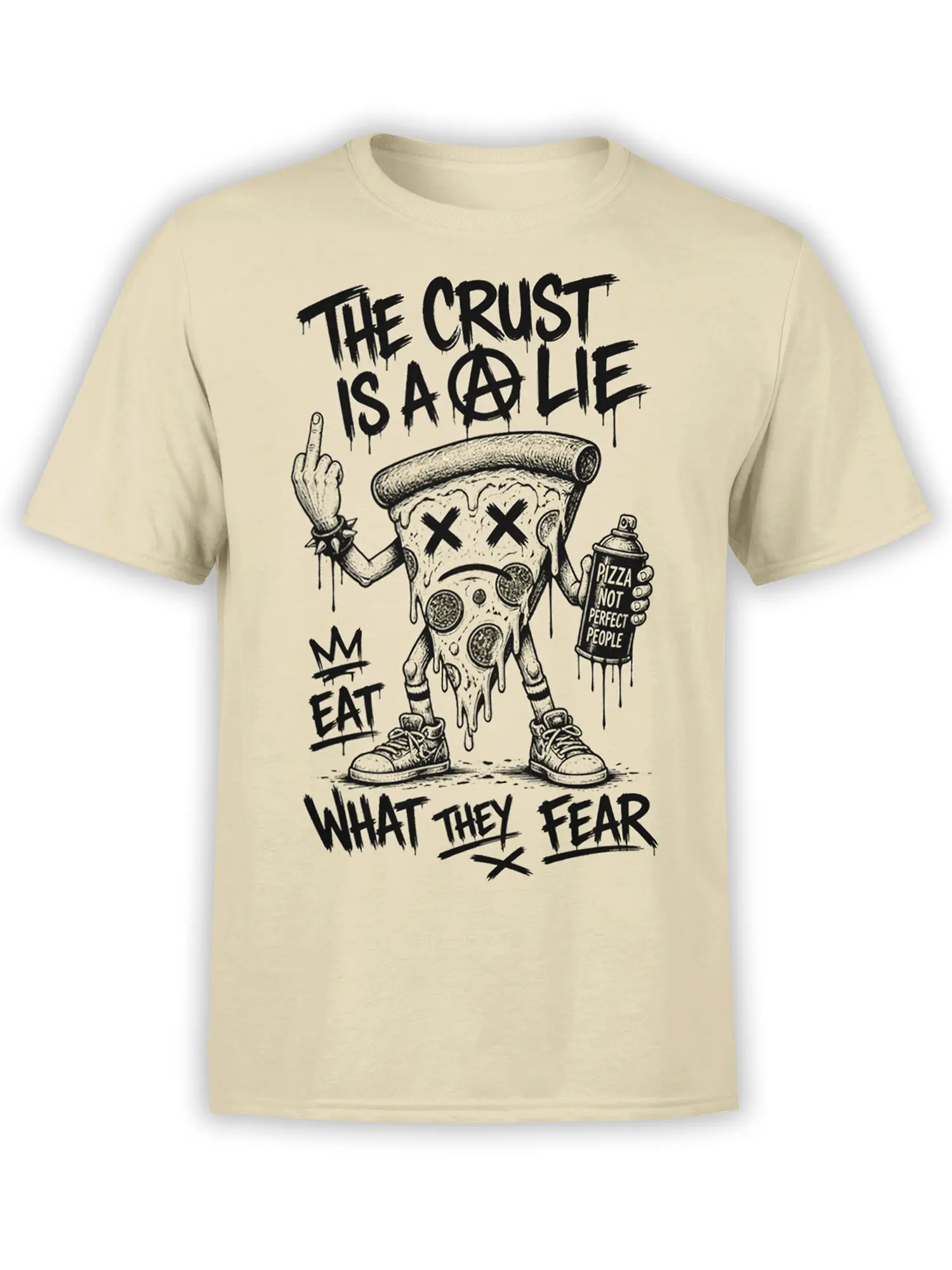 Beige T-shirt with rebellious pizza slice, punk lettering, spray can, and sarcastic food slogans