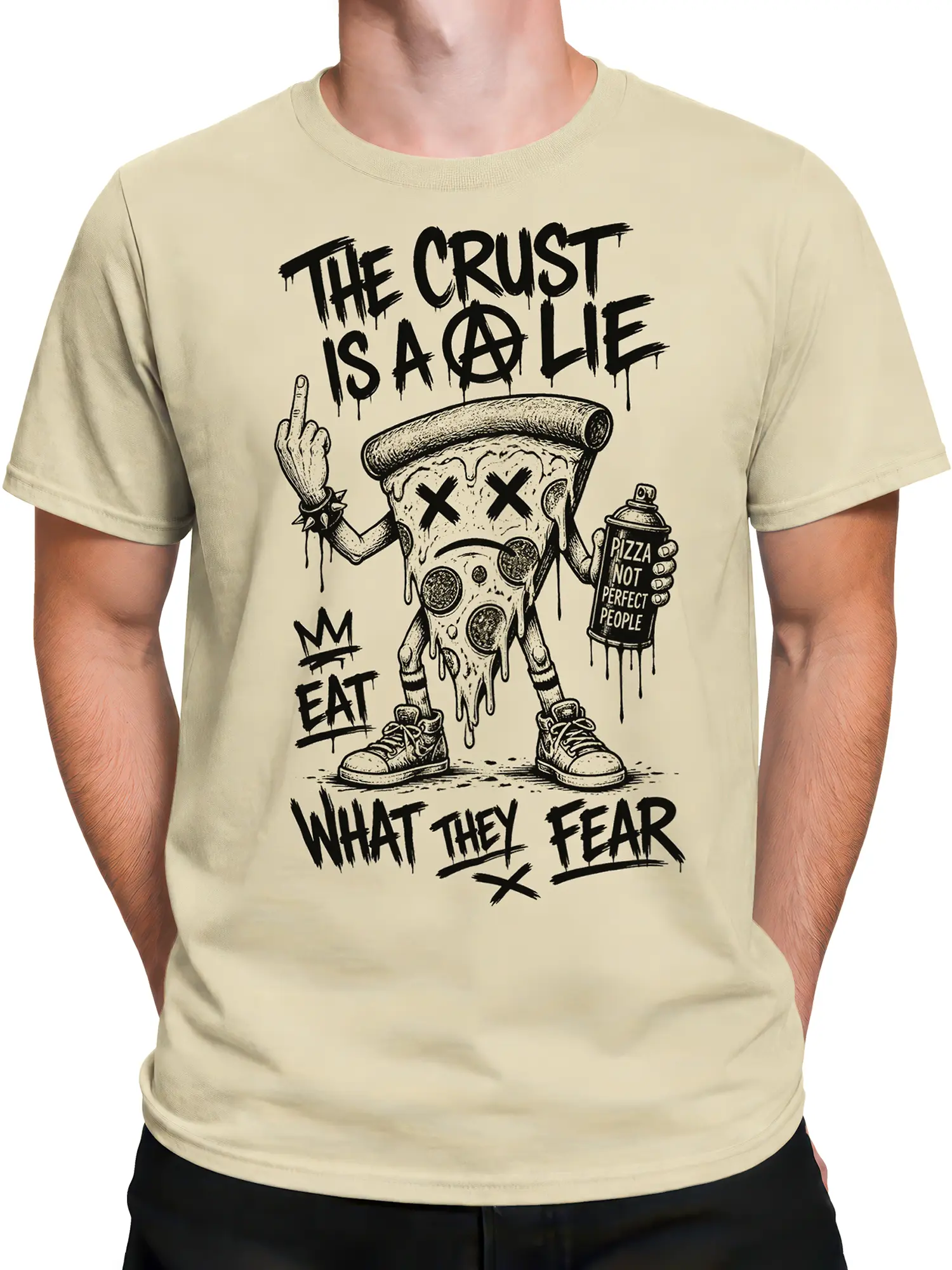 Male torso wearing beige T-shirt with punk pizza slice graphic and rebellious distressed lettering