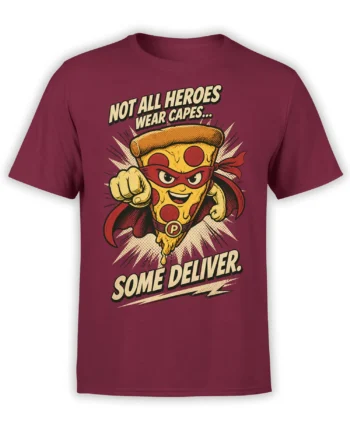 Masked superhero pizza slice graphic with cape and comic text on a burgundy T-shirt