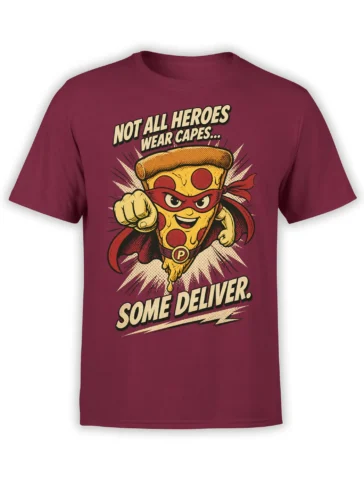 Masked superhero pizza slice graphic with cape and comic text on a burgundy T-shirt
