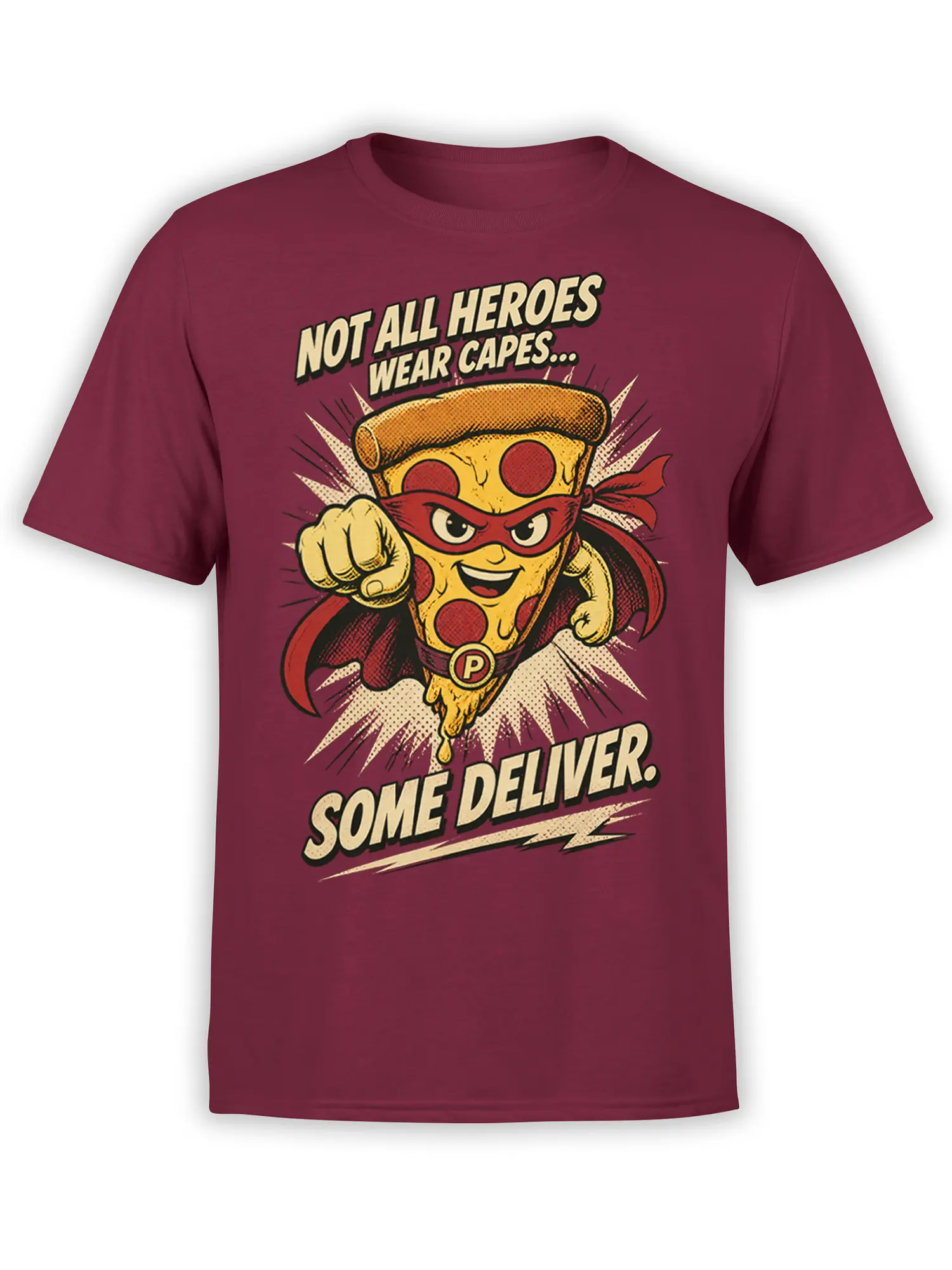 Masked superhero pizza slice graphic with cape and comic text on a burgundy T-shirt