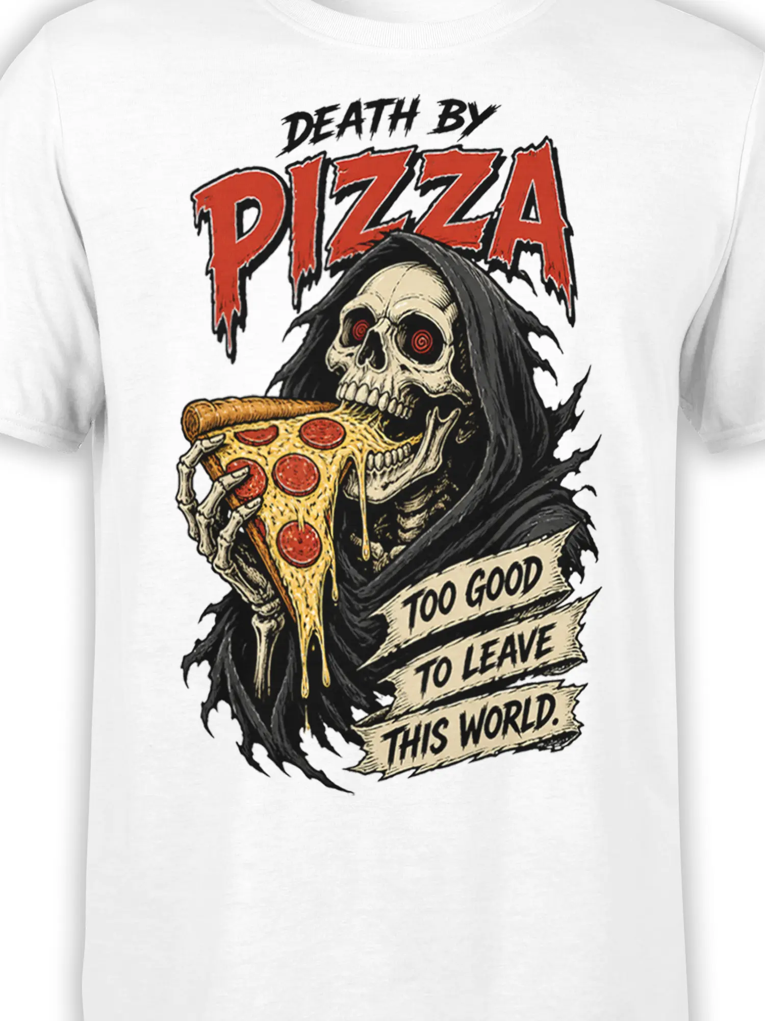 Close-up of hooded skeleton gripping a dripping pepperoni pizza slice on a white graphic T-shirt