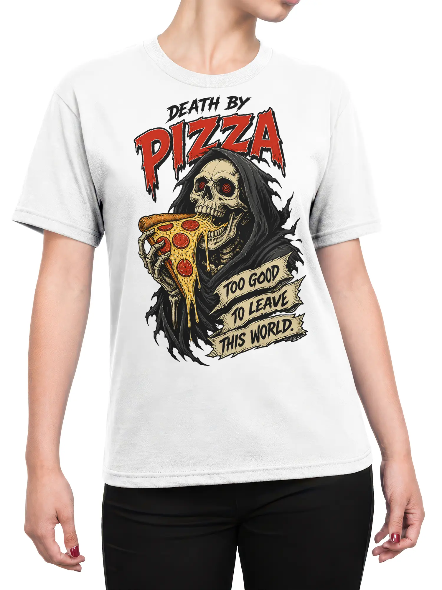 Female torso wearing a white pizza graphic tee with a hooded skeleton and Death by Pizza artwork
