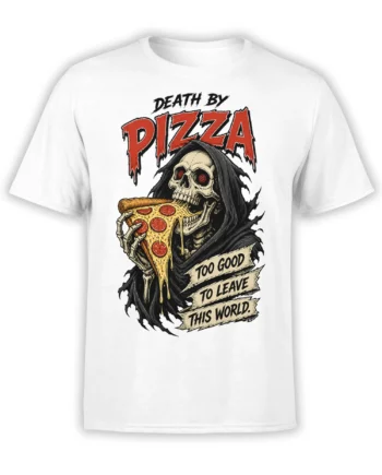 White pizza graphic tee with a hooded skeleton holding a dripping pepperoni slice and Death by Pizza text