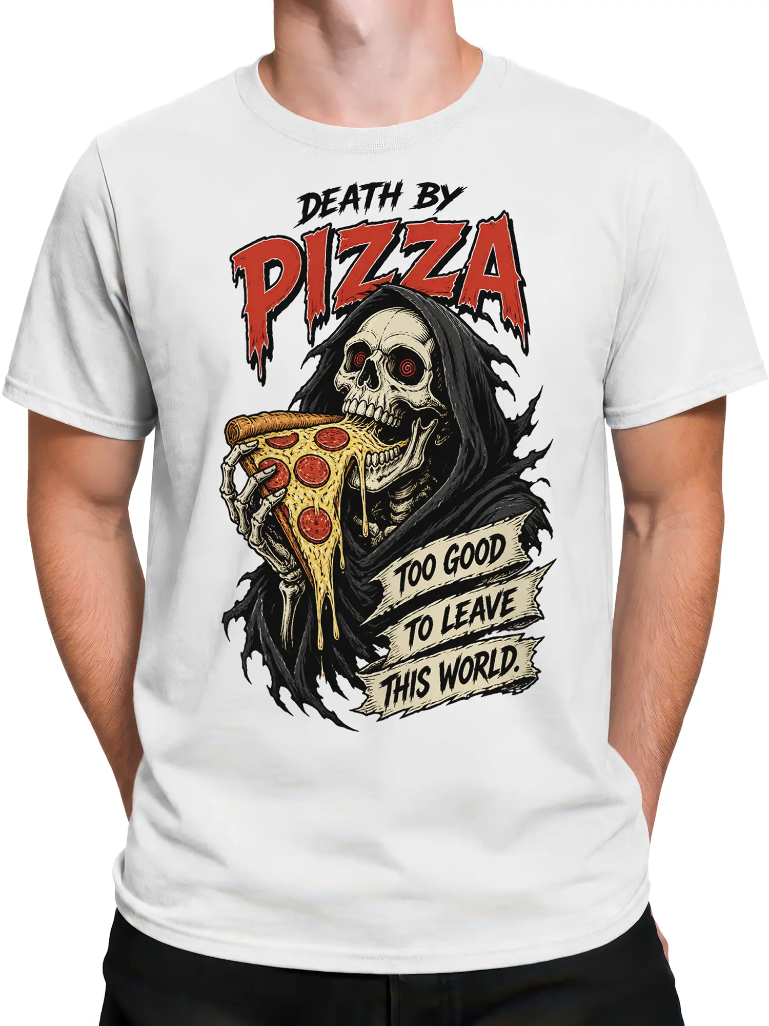 Male torso wearing a white skeleton pizza tee with bold Death by Pizza artwork