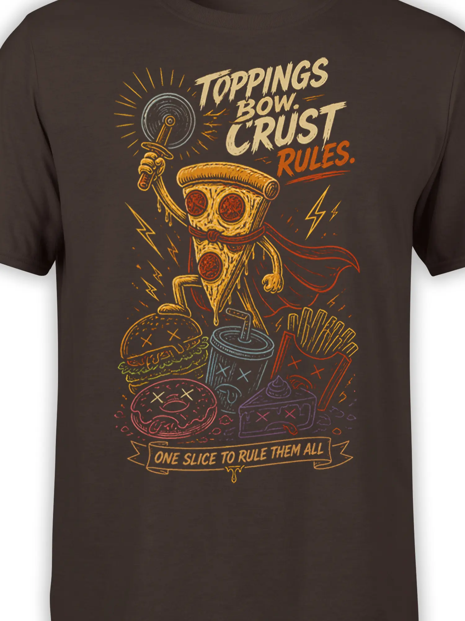 Close-up of caped pizza slice artwork with sword, lightning bolts, food illustrations, and bold lettering on brown