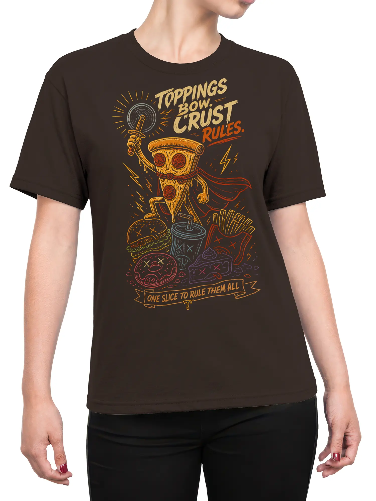 Female torso wearing brown pizza superhero T-shirt with colorful food artwork and bold retro lettering