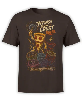 Heroic pizza slice T-shirt with cape, sword, fries, burger, donut, cake, and bold retro lettering on brown