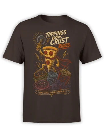 Heroic pizza slice T-shirt with cape, sword, fries, burger, donut, cake, and bold retro lettering on brown