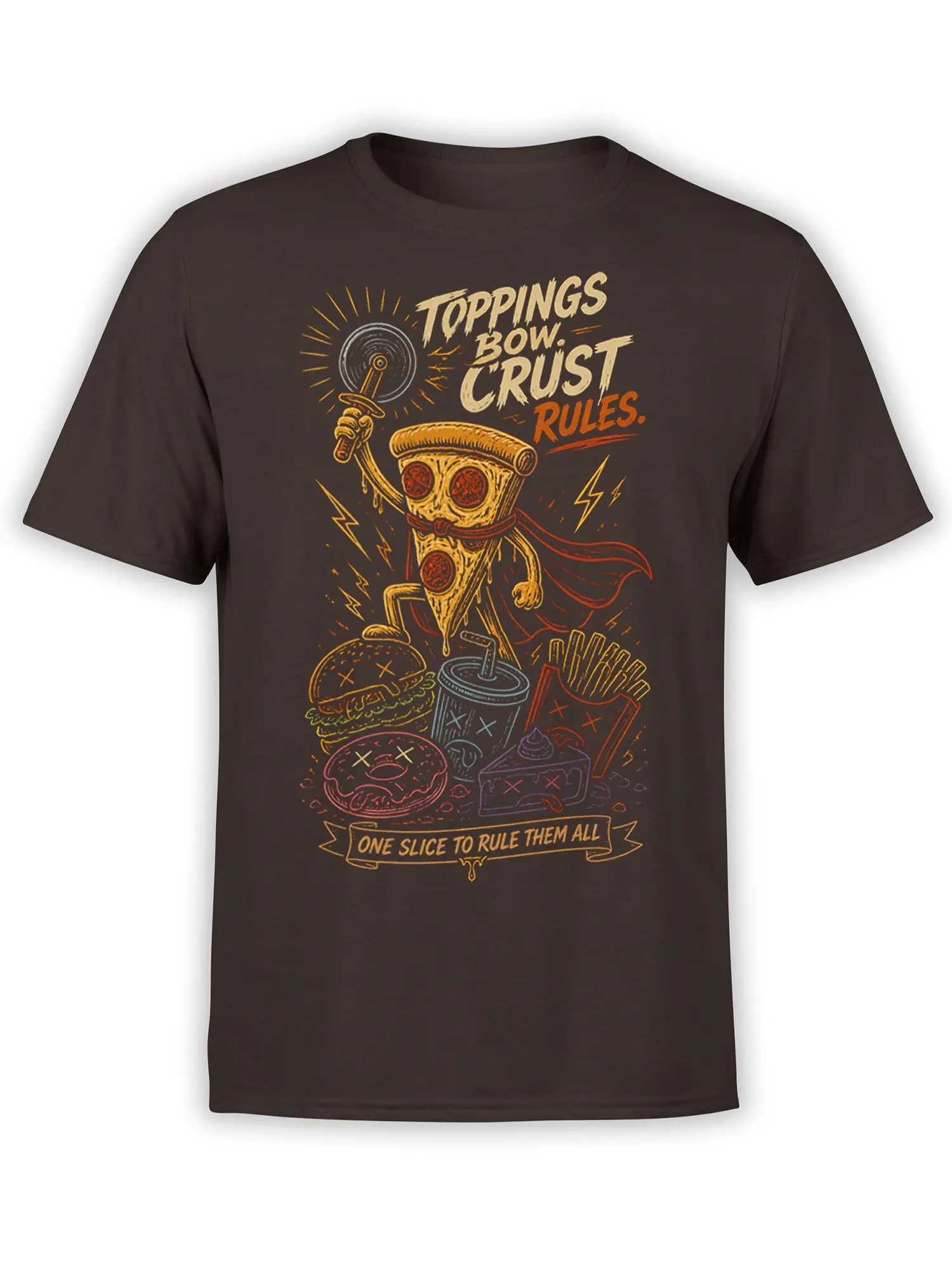 Heroic pizza slice T-shirt with cape, sword, fries, burger, donut, cake, and bold retro lettering on brown