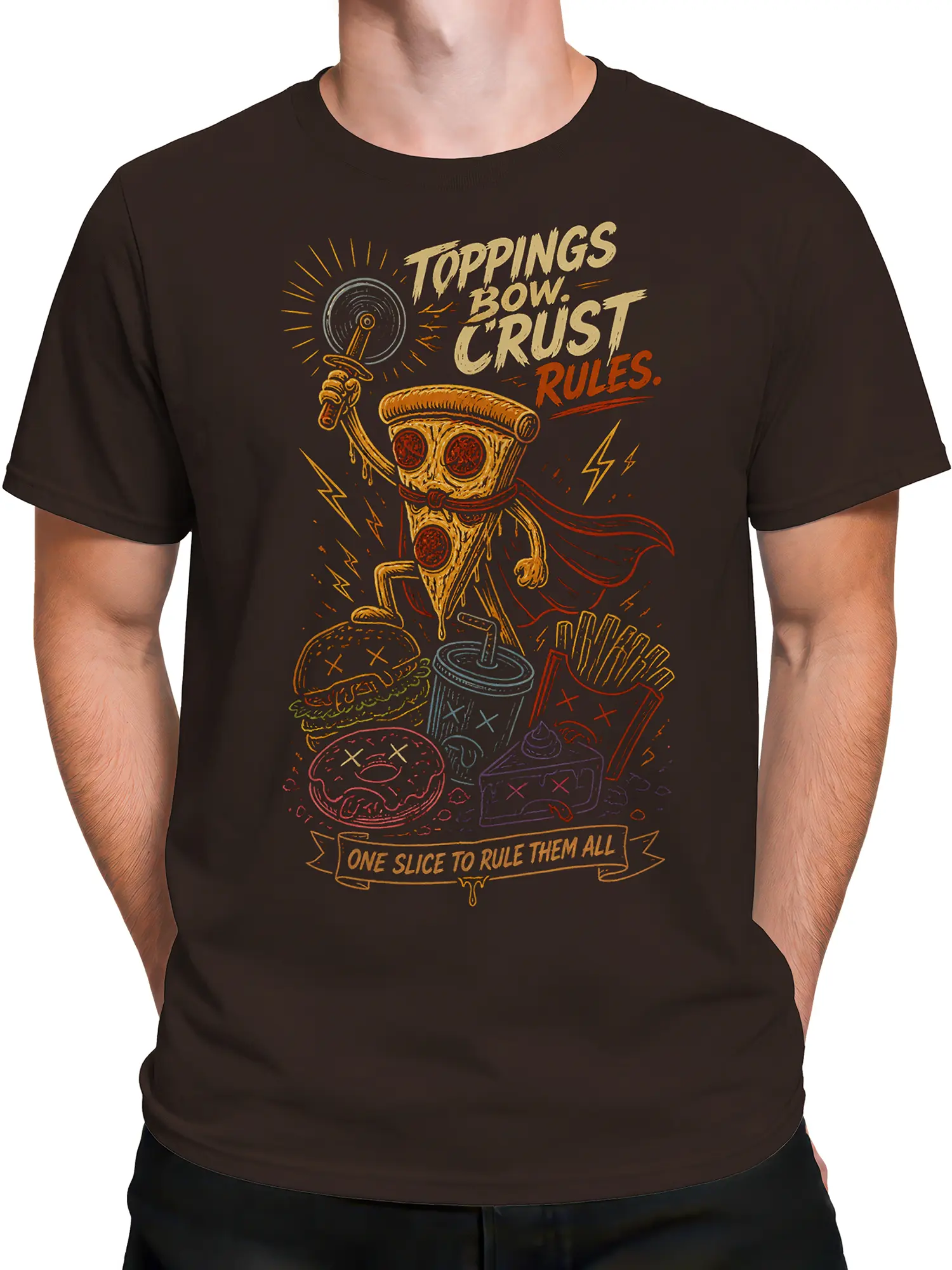 Male torso wearing brown pizza superhero T-shirt with caped slice and colorful comfort food artwork
