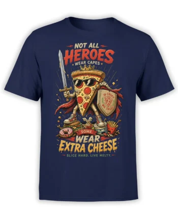 Pizza warrior with sword, shield, crown, and extra cheese slogan on a navy T-shirt