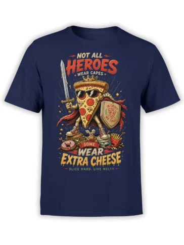 Pizza warrior with sword, shield, crown, and extra cheese slogan on a navy T-shirt