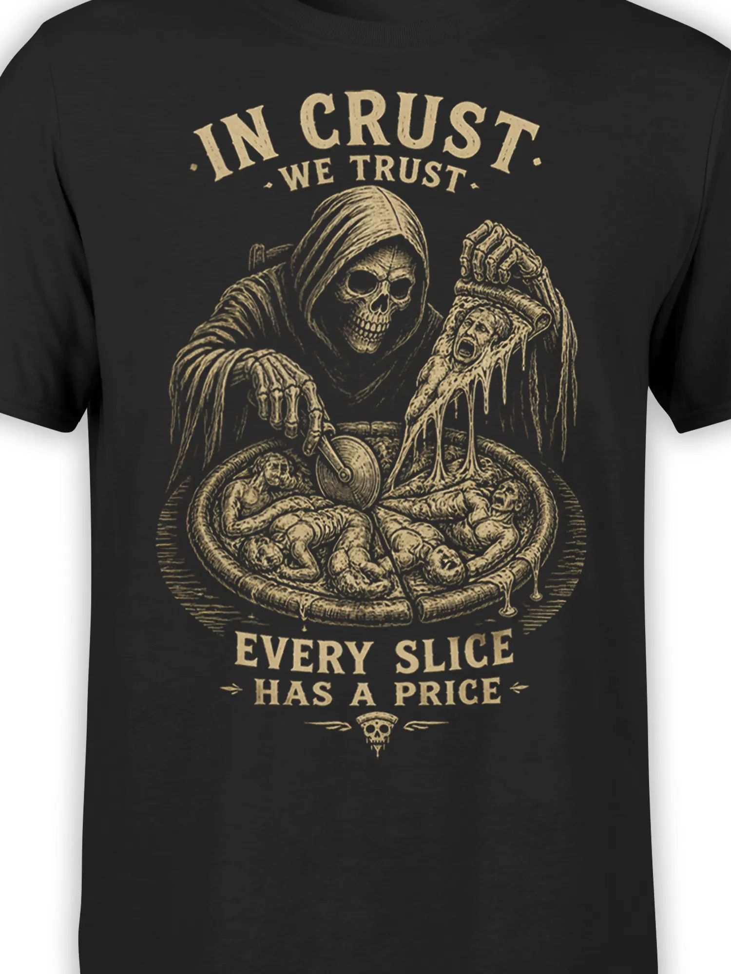 Close-up of grim reaper making a grotesque pizza with skull details and cream lettering on a black T-shirt