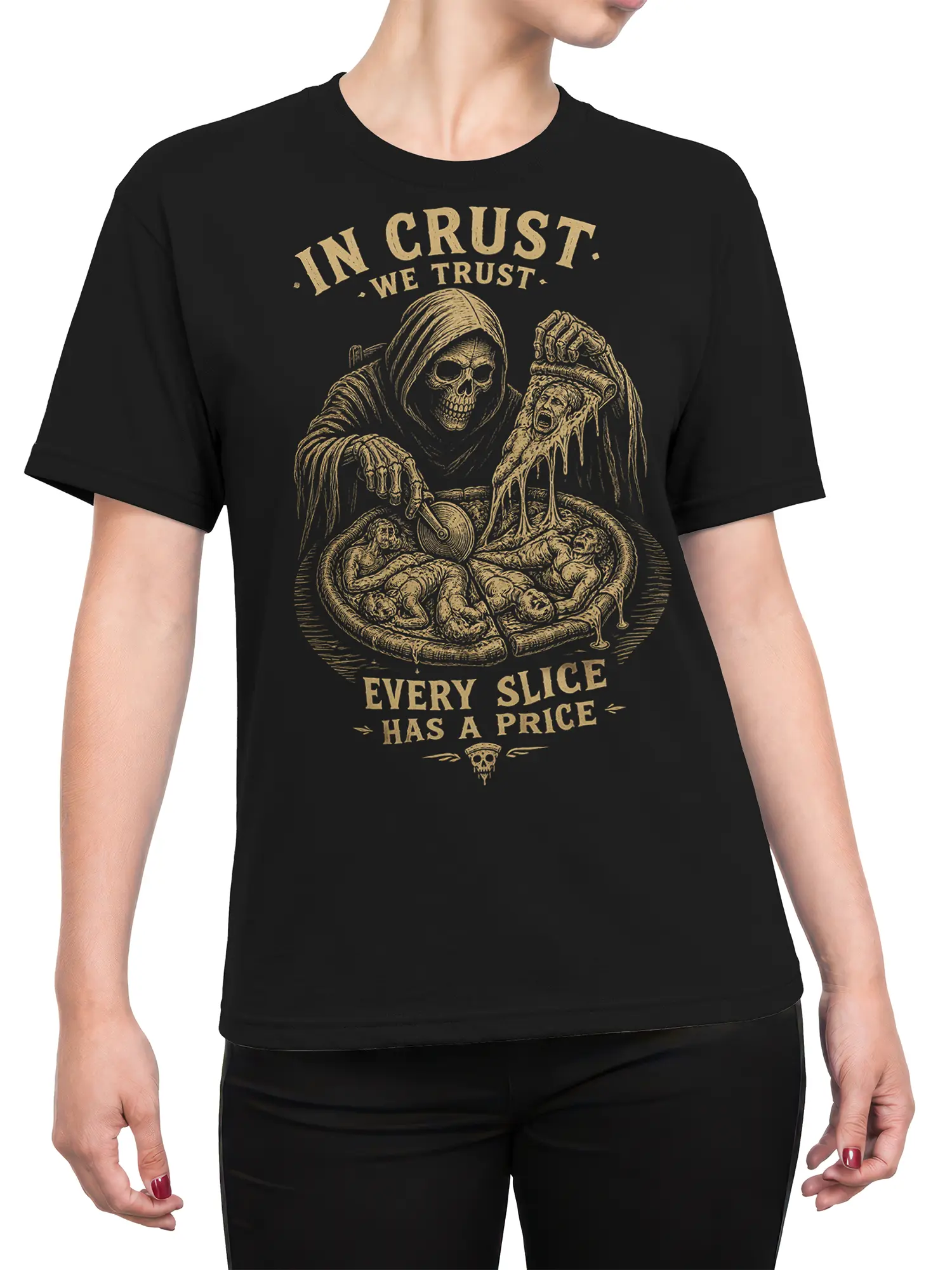 Female torso wearing a black grim reaper pizza T-shirt with vintage cream artwork and “Every Slice Has a Price” text