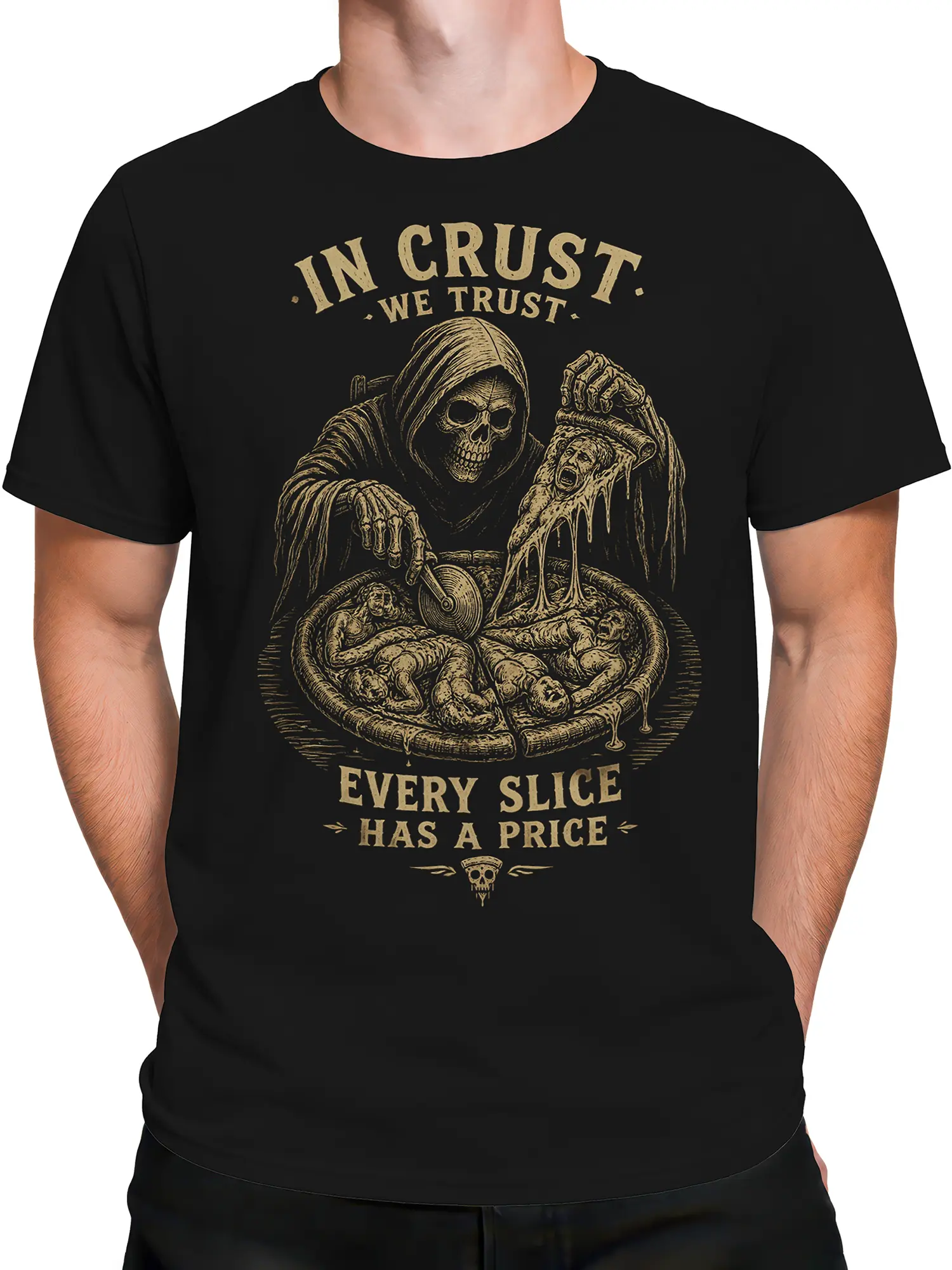 Male torso wearing a black grim reaper pizza T-shirt with distressed cream artwork and dark humor lettering