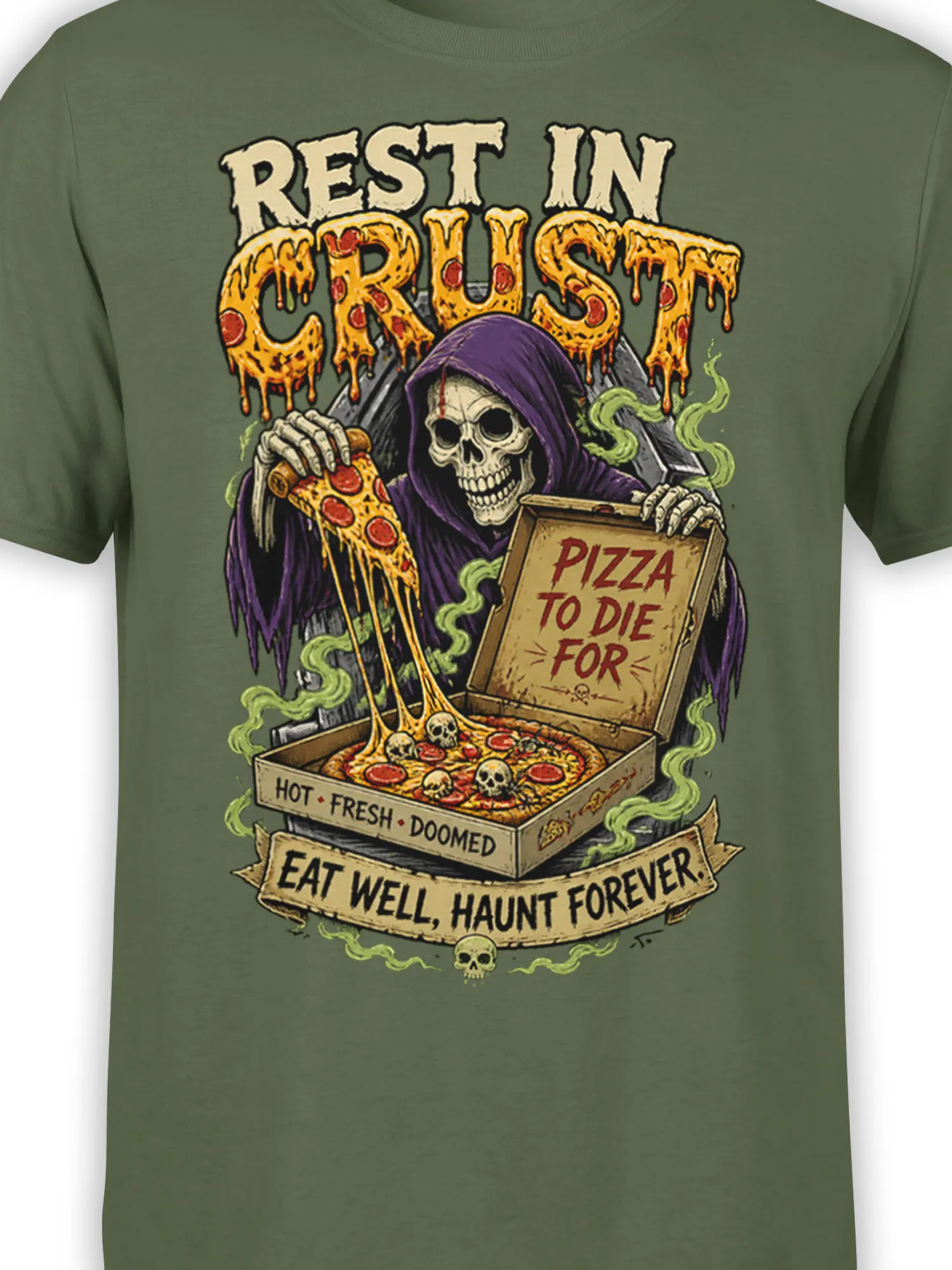 Close-up of hooded skeleton holding cheesy pizza beneath “REST IN CRUST” text on green fabric