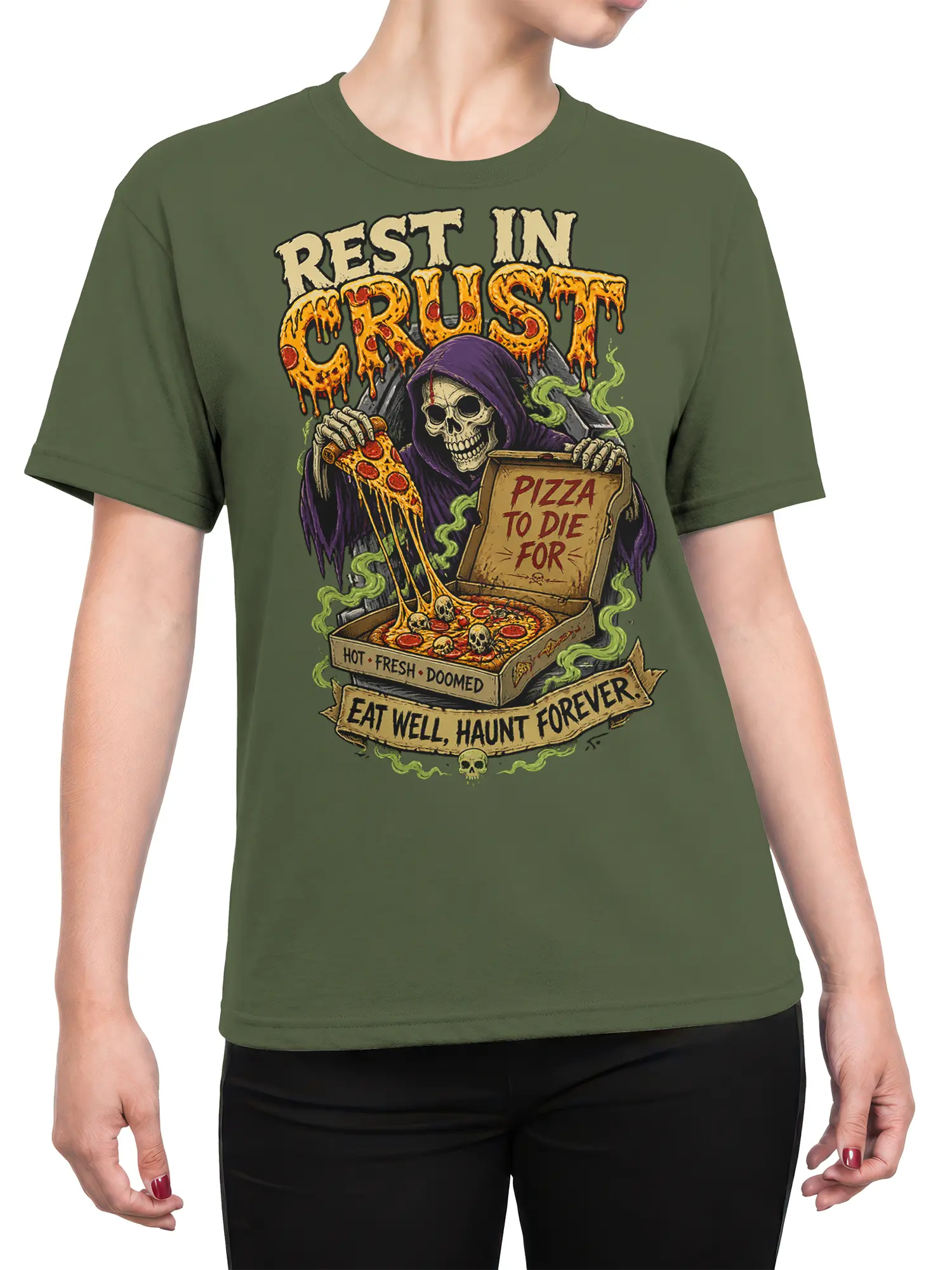 Female torso wearing a green skull pizza T-shirt with “EAT WELL, HAUNT FOREVER” artwork