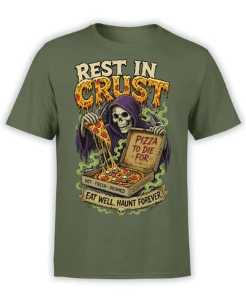 Green T-shirt with hooded skeleton, skull-topped pizza, and “REST IN CRUST” vintage horror artwork