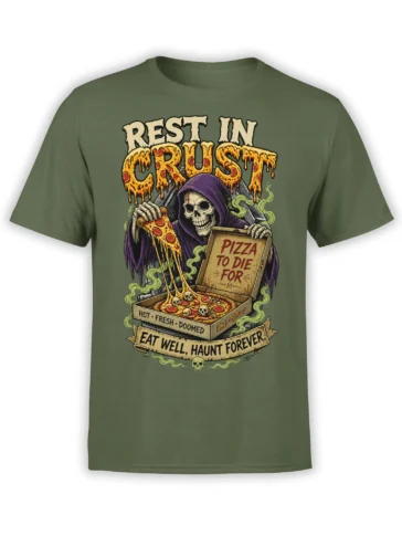 Green T-shirt with hooded skeleton, skull-topped pizza, and “REST IN CRUST” vintage horror artwork