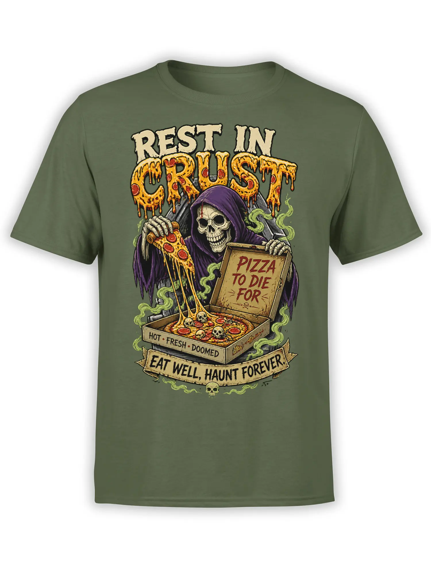 Green T-shirt with hooded skeleton, skull-topped pizza, and “REST IN CRUST” vintage horror artwork
