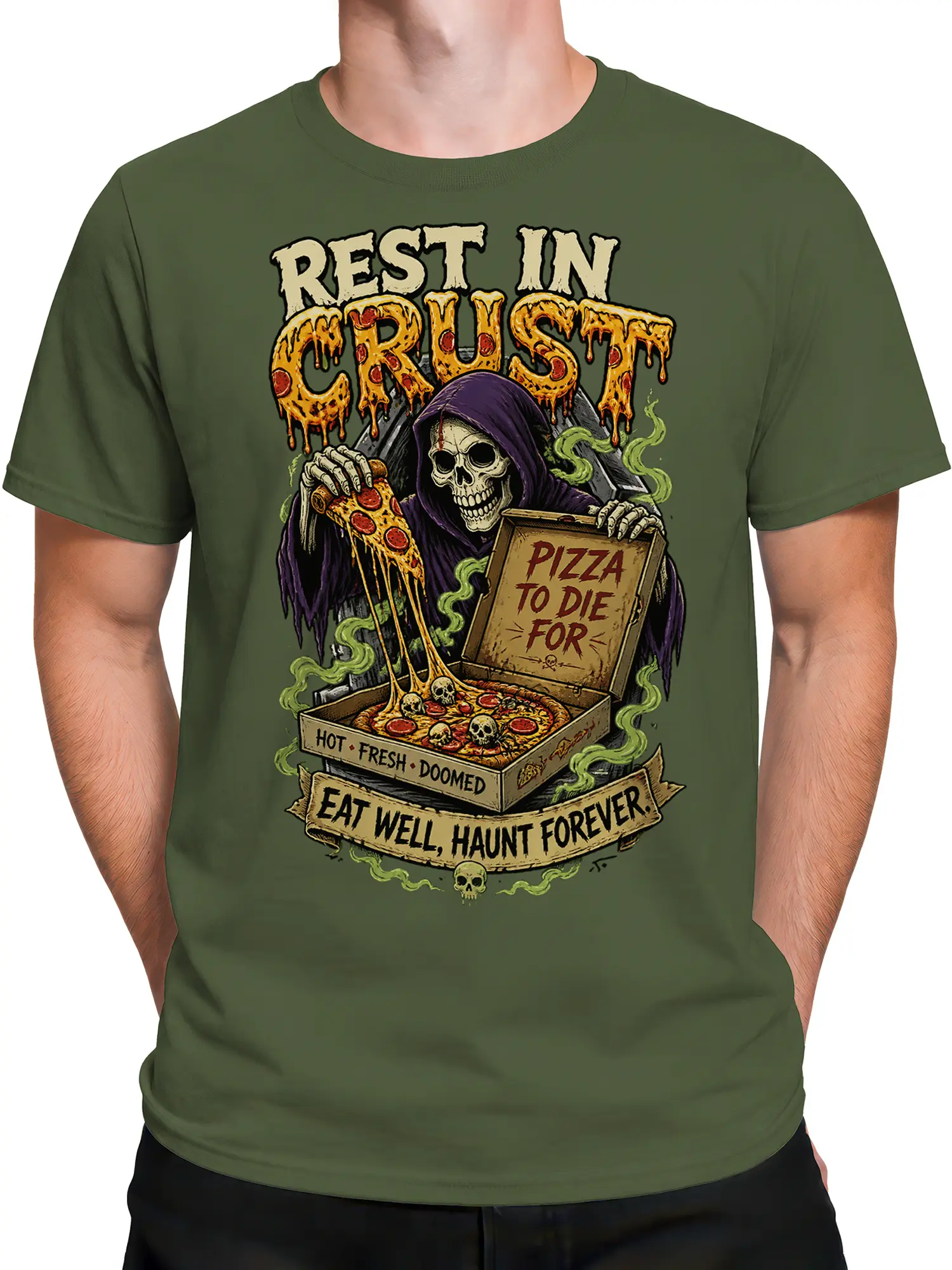 Male torso wearing a green hooded skeleton pizza T-shirt with vintage horror artwork