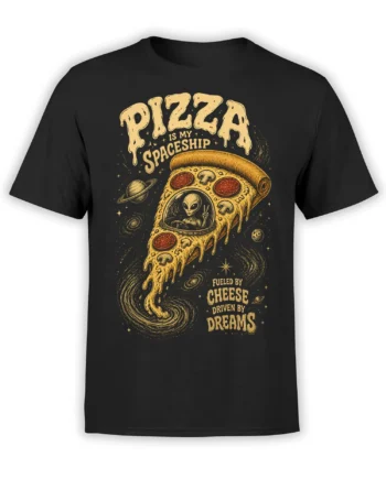 Black T-shirt with retro cosmic pizza design, alien pilot, planets, stars, and cheesy space-themed lettering