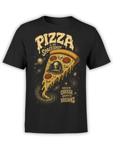 Black T-shirt with retro cosmic pizza design, alien pilot, planets, stars, and cheesy space-themed lettering