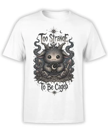 White fantasy T-shirt with horned moon creature, mushrooms, eyes, stars, and “Too Strange To Be Caged” text