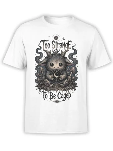White fantasy T-shirt with horned moon creature, mushrooms, eyes, stars, and “Too Strange To Be Caged” text