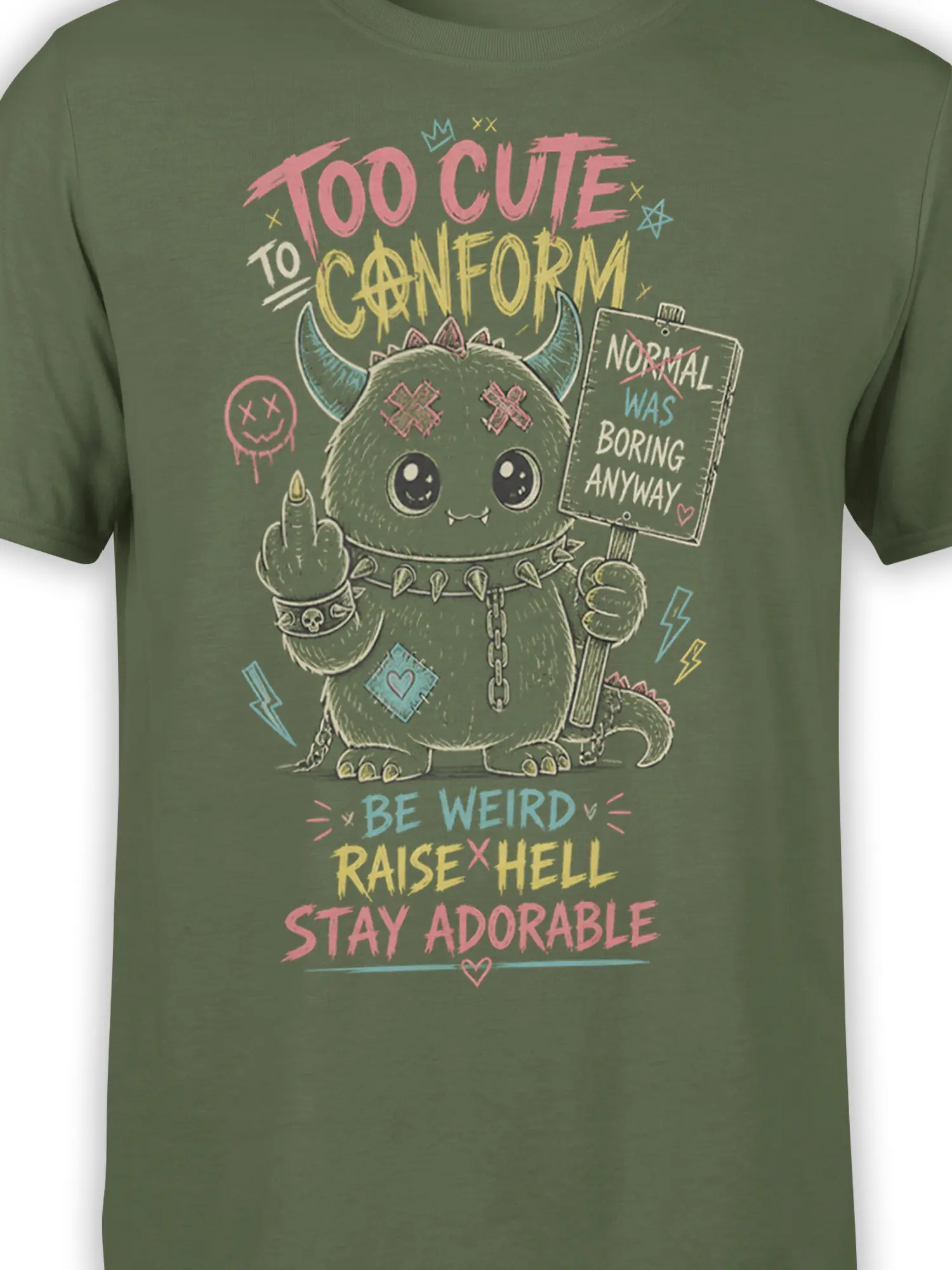 Close-up of cute horned monster artwork with colorful text, spikes, claws, and a protest sign