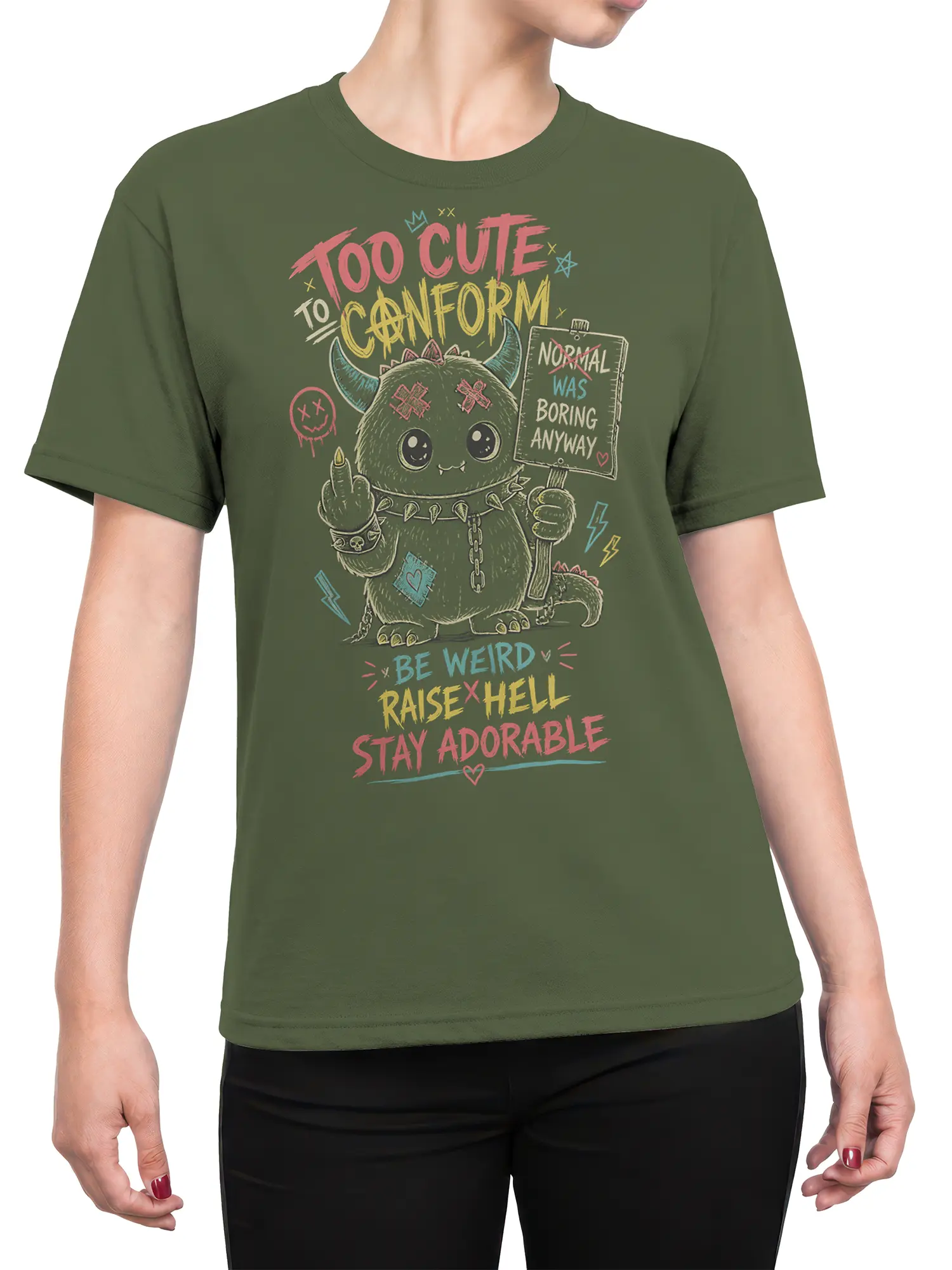 Female torso wearing an olive green T-shirt with a colorful cute horned monster and rebellious slogan