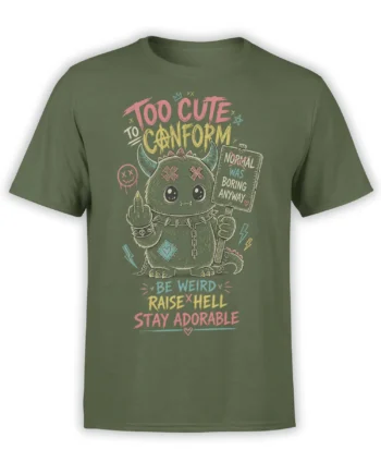 Olive green T-shirt with a cute horned monster, colorful rebellious text, spikes, and a protest sign