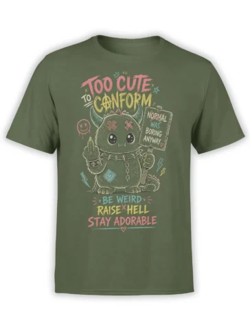 Olive green T-shirt with a cute horned monster, colorful rebellious text, spikes, and a protest sign