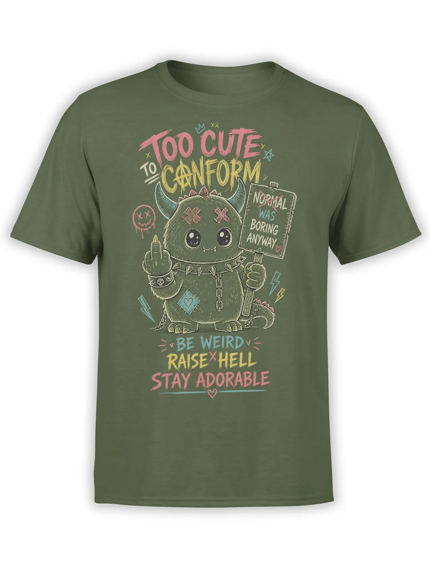 Olive green T-shirt with a cute horned monster, colorful rebellious text, spikes, and a protest sign