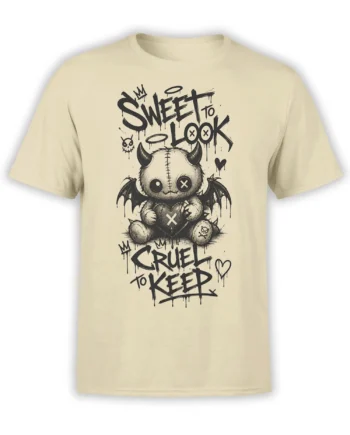 Beige T-shirt with a stitched horned creature, bat wings, and “Sweet to Look, Cruel to Keep” design