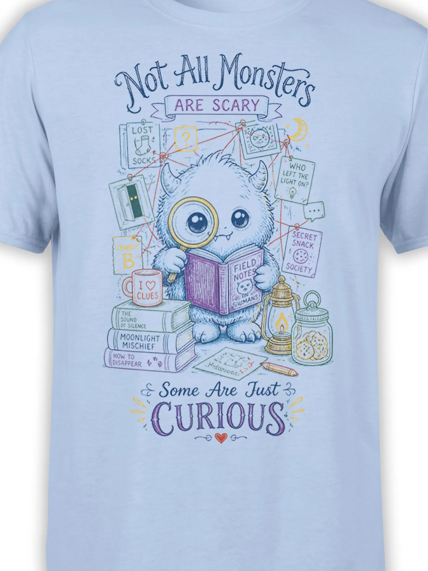 Close-up of curious monster detective artwork with magnifying glass, open book, clues, and colorful details