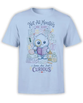 Curious furry monster detective graphic with clues, books, and lantern on a light blue T-shirt